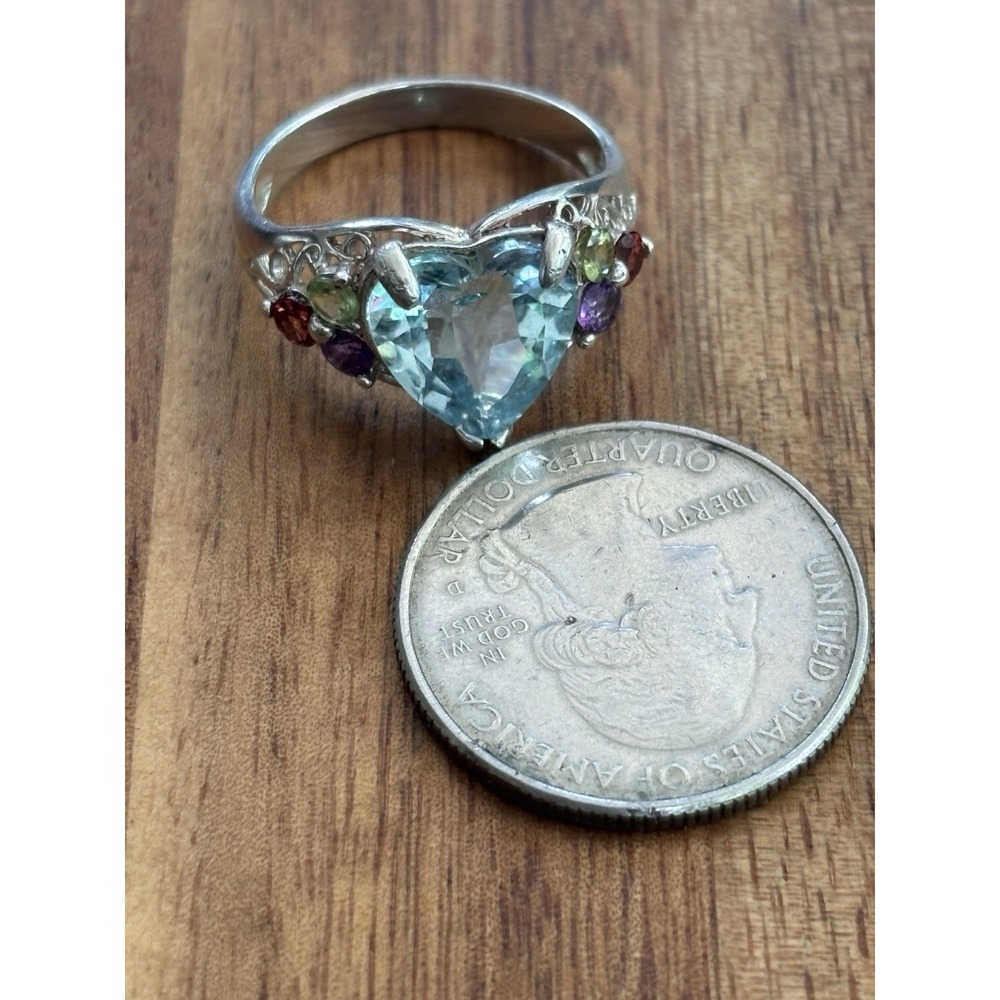 Vintage Heart-Shaped Blue Topaz and Multi Gem Ring in Sterling Silver, Size 9 - Picture 12 of 12